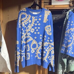 Rhude Blue and Beige Paisley Crewneck Sweater